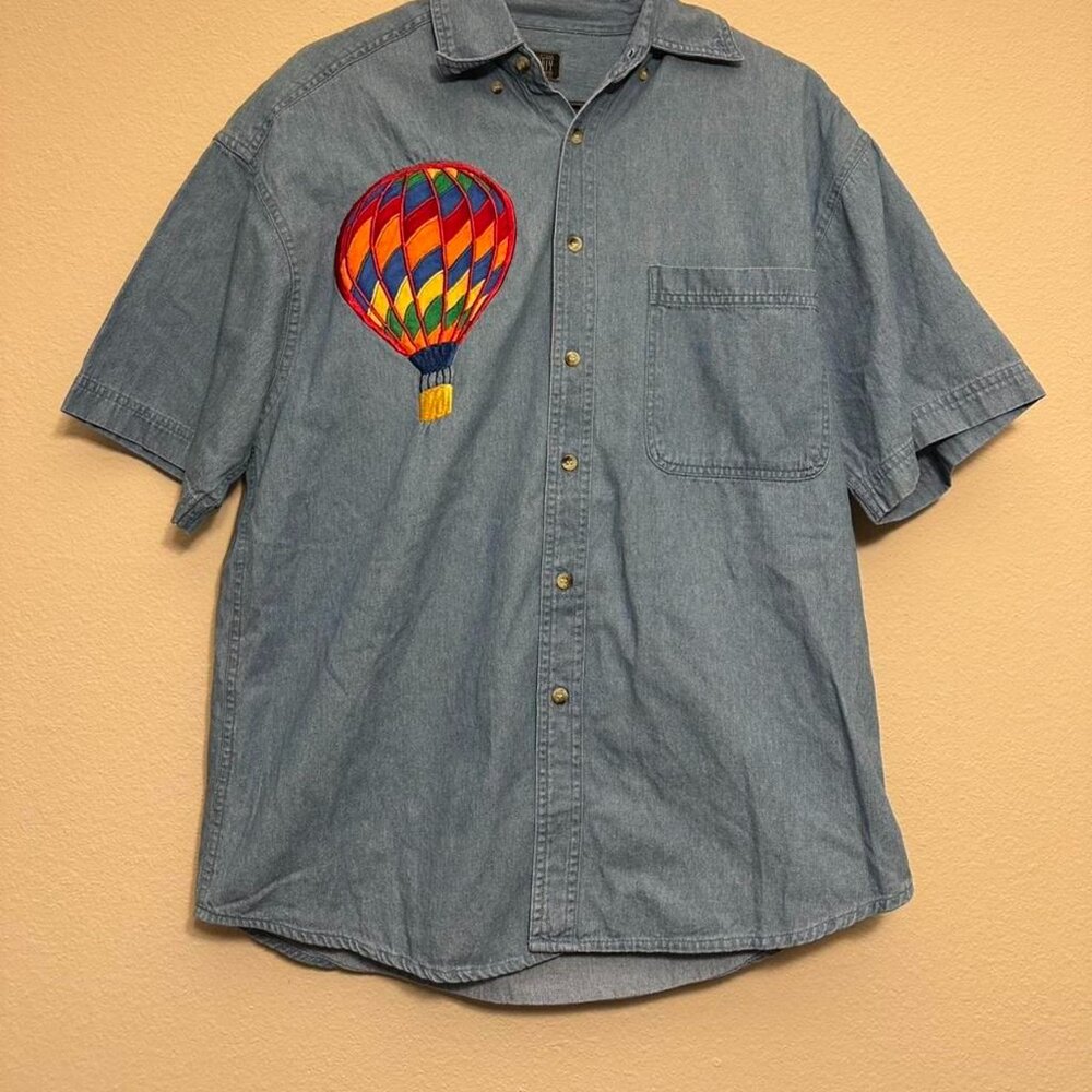 Vintage 90s Hot Air Ballon Patch Denim Button Down Shirt